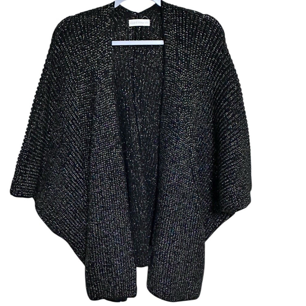 House of Harlow 1960 Cardigan Shrug Shawl Black Gold Metallic Knit Open L-2XL